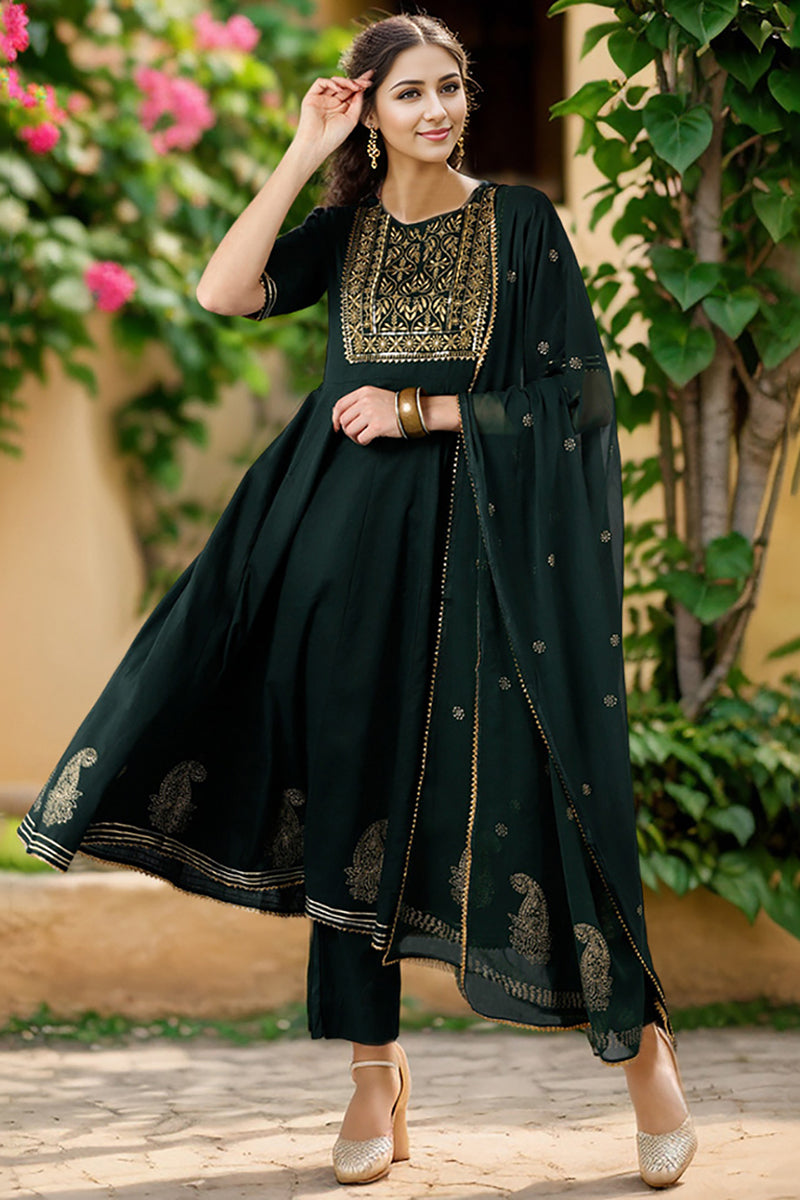 Green Silk Blend Embroidered Anarkali Suit Set VKSKD1218