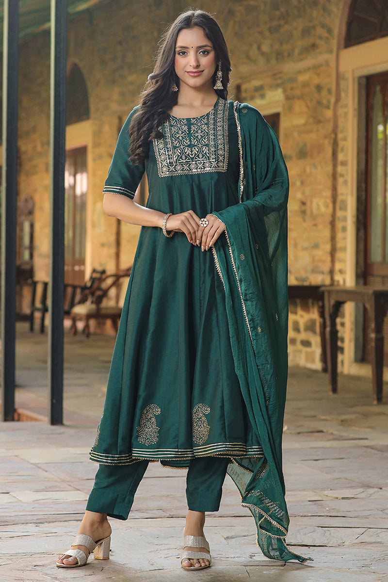 Green Silk Blend Embroidered Anarkali Suit Set VKSKD1218