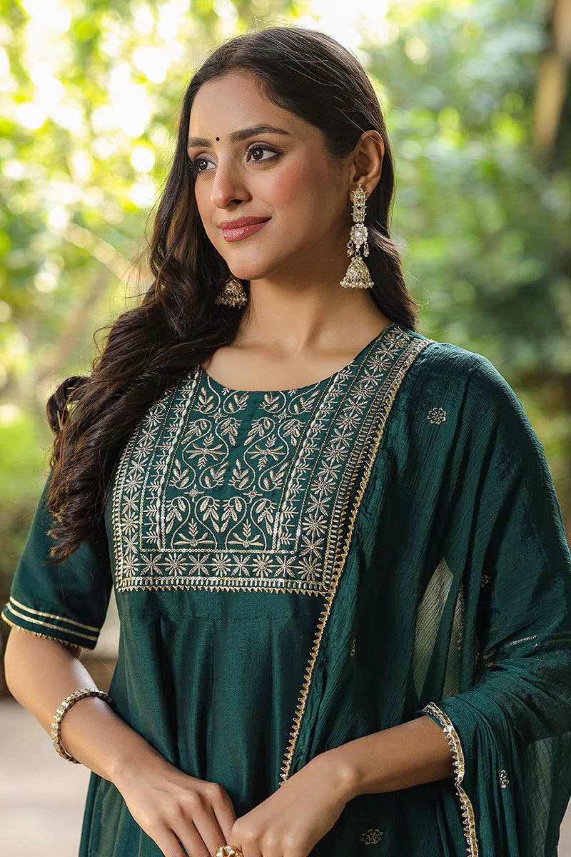 Green Silk Blend Embroidered Anarkali Suit Set VKSKD1218