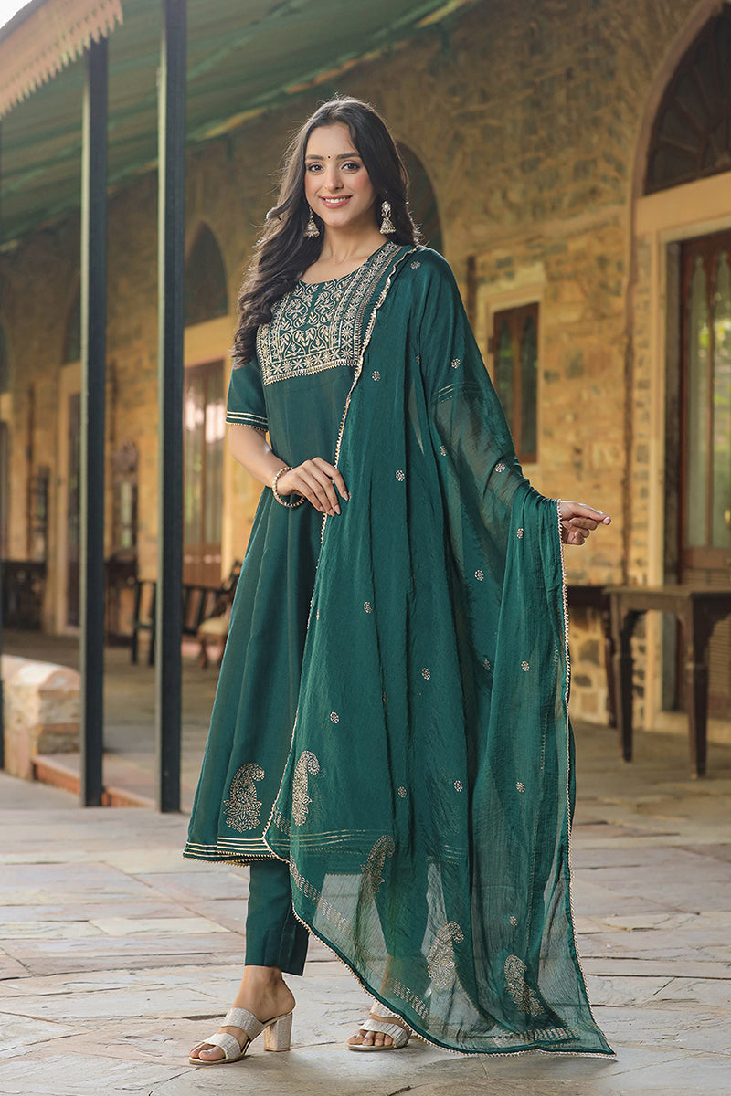 Green Silk Blend Embroidered Anarkali Suit Set VKSKD1218