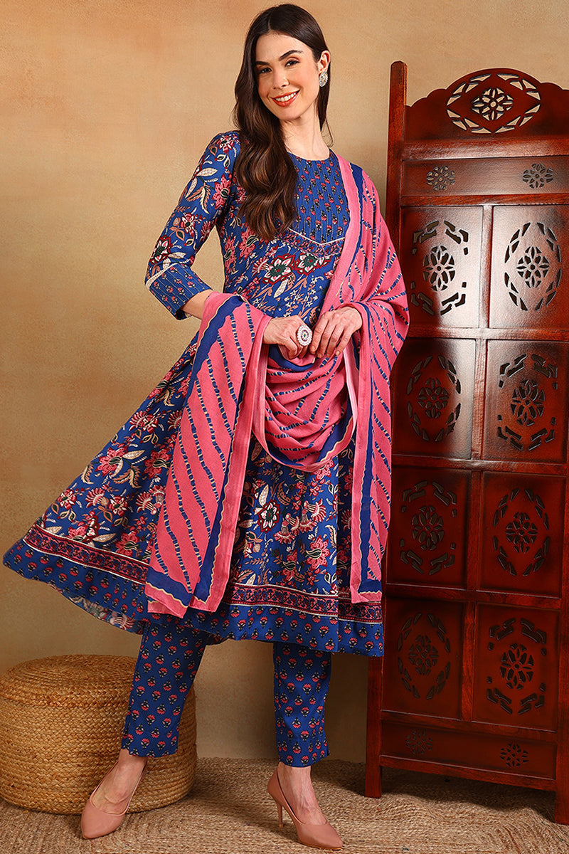 Blue Rayon Blend Anarkali Suit Set VKSKD1229