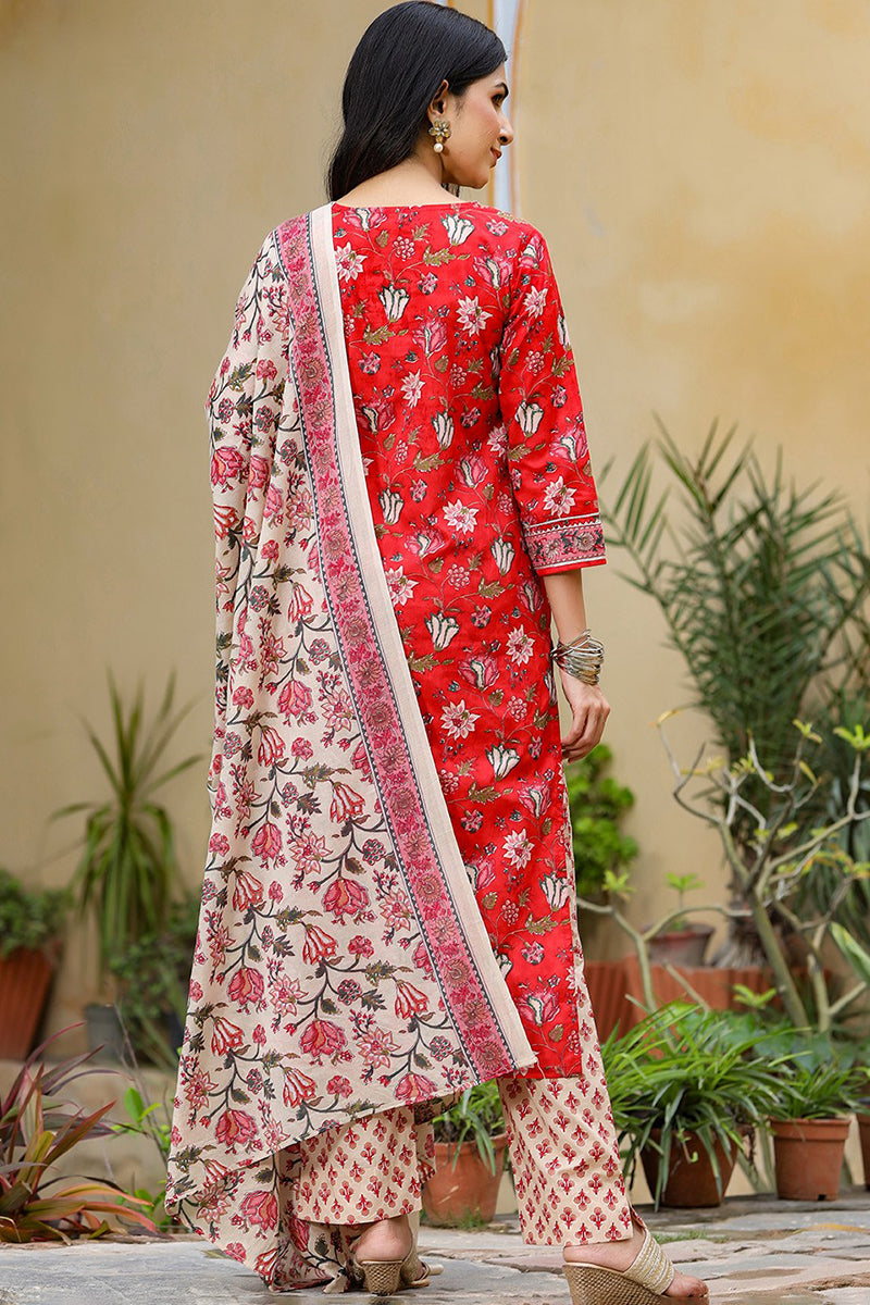 Red Rayon Blend Floral Printed Suit Set VKSKD1235