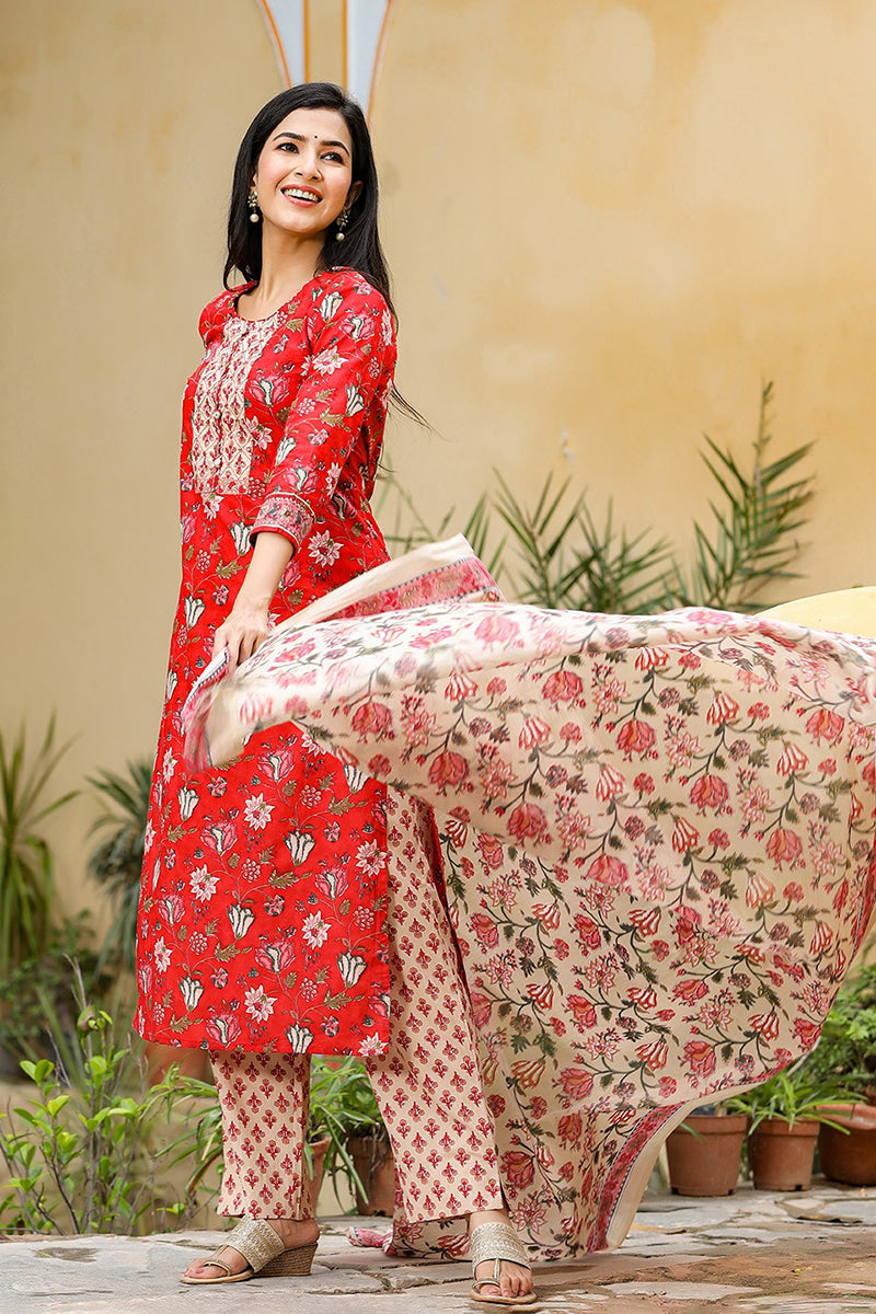 Red Rayon Blend Floral Printed Suit Set VKSKD1235