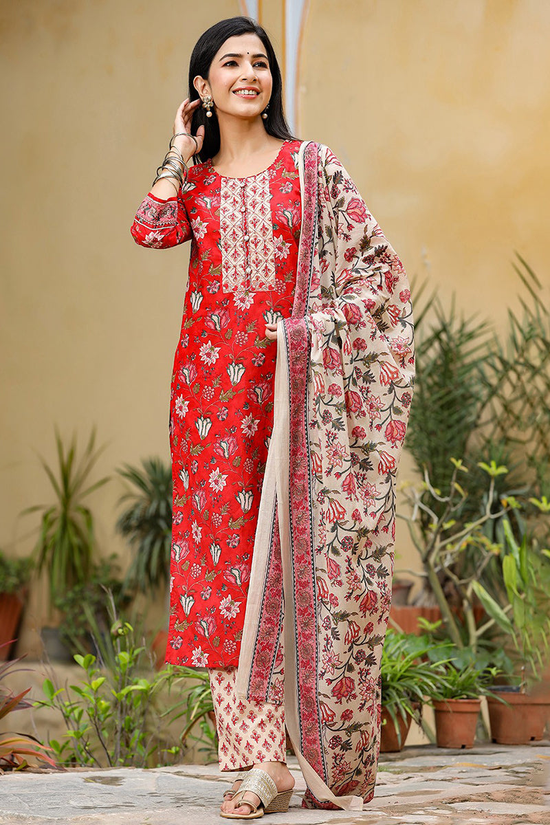 Red Rayon Blend Floral Printed Suit Set VKSKD1235