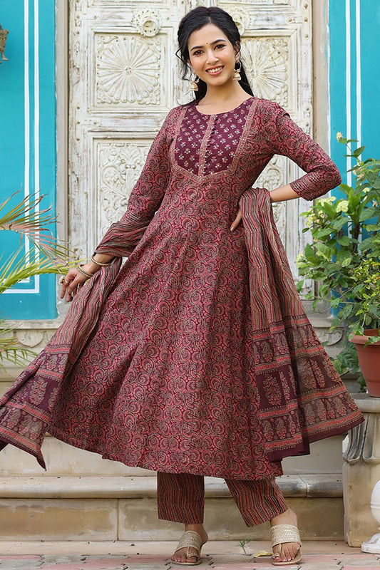 Maroon Rayon Blend Anarkali Kurta Pant With Dupatta VKSKD1300