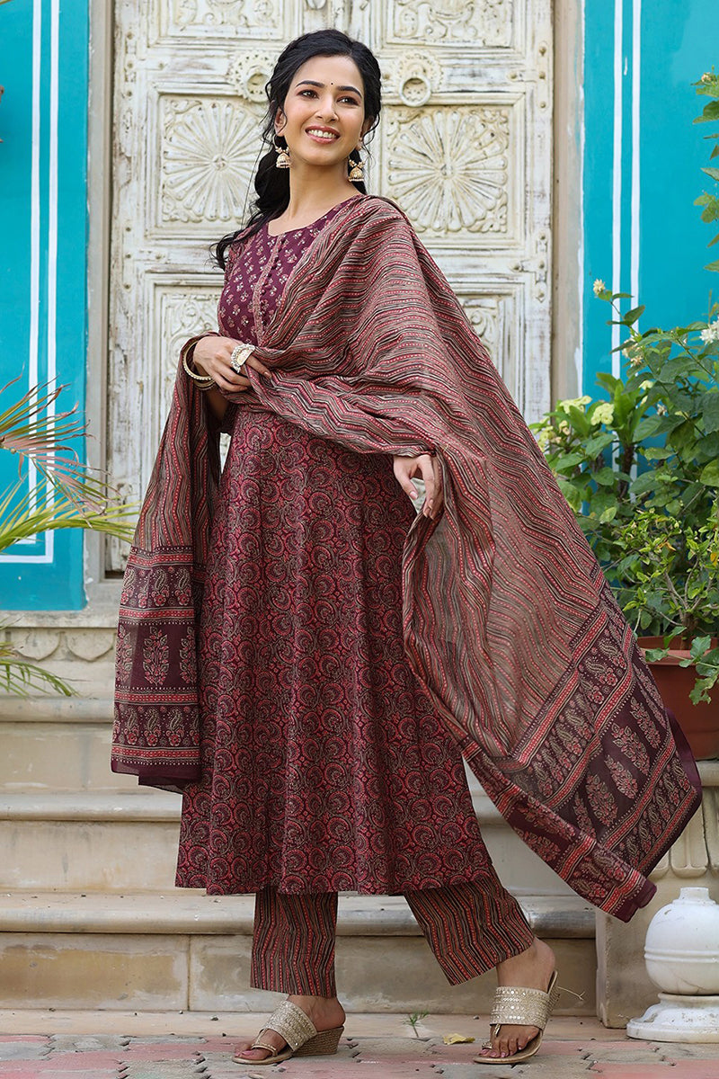 Maroon Rayon Blend Anarkali Kurta Pant With Dupatta VKSKD1300