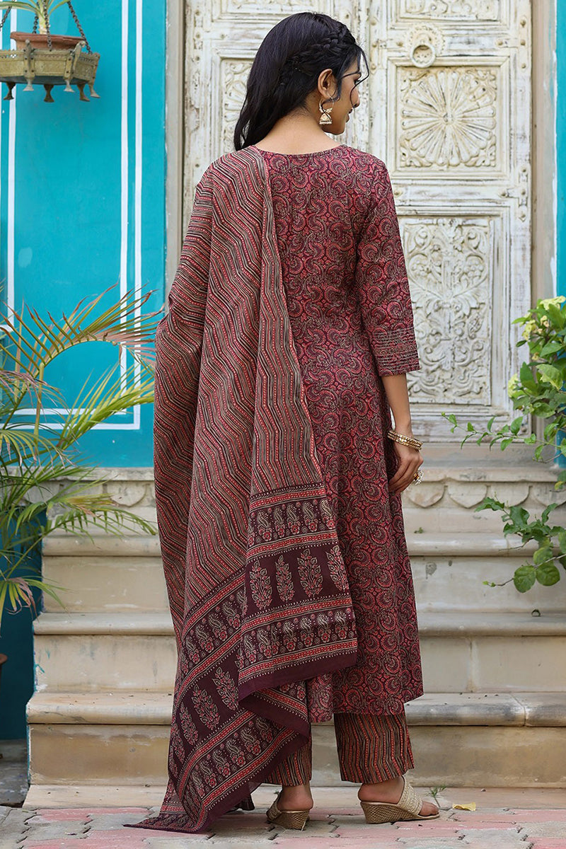 Maroon Rayon Blend Anarkali Kurta Pant With Dupatta VKSKD1300