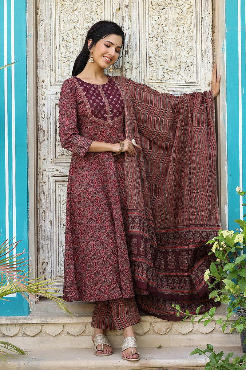 Maroon Rayon Blend Anarkali Kurta Pant With Dupatta VKSKD1300