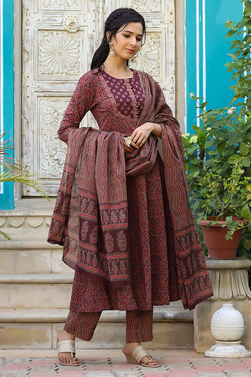 Maroon Rayon Blend Anarkali Kurta Pant With Dupatta VKSKD1300