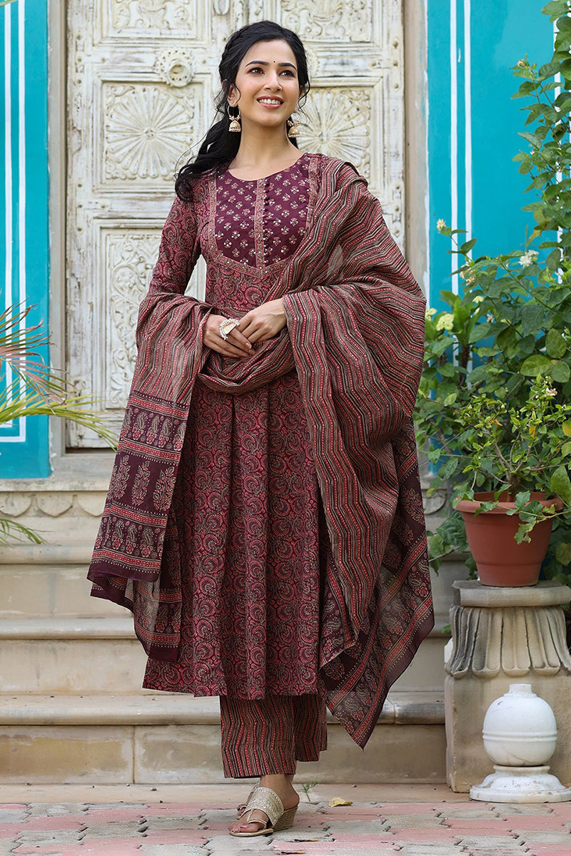 Maroon Rayon Blend Anarkali Kurta Pant With Dupatta VKSKD1300