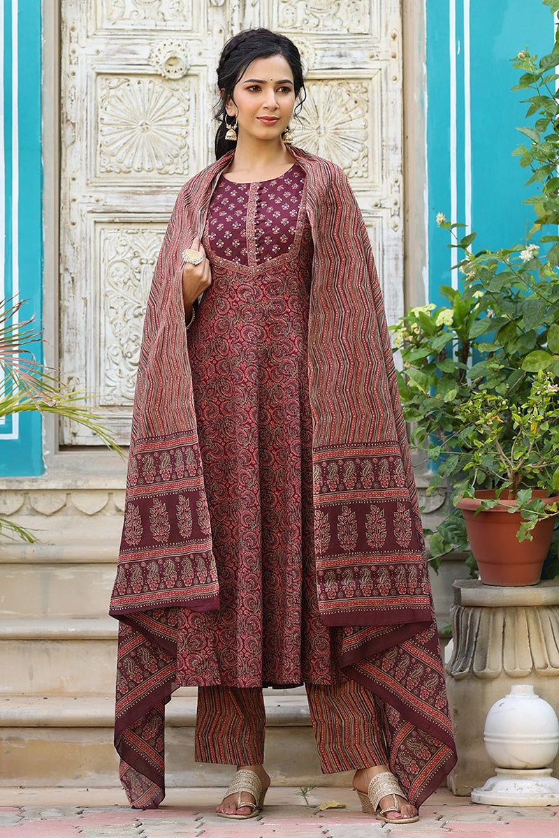 Maroon Rayon Blend Anarkali Kurta Pant With Dupatta VKSKD1300