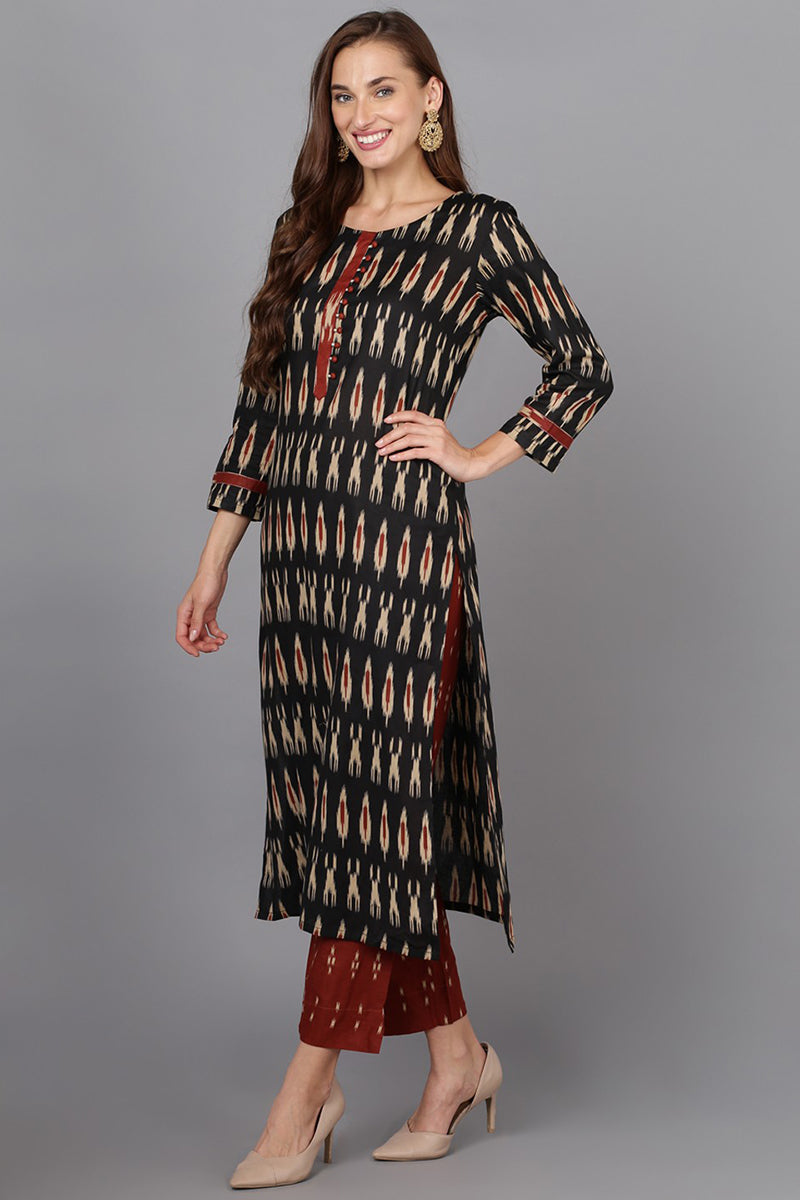 Black Ethnic Motifs Printed Panelled Rayon Blend Kurta VKSKD1303