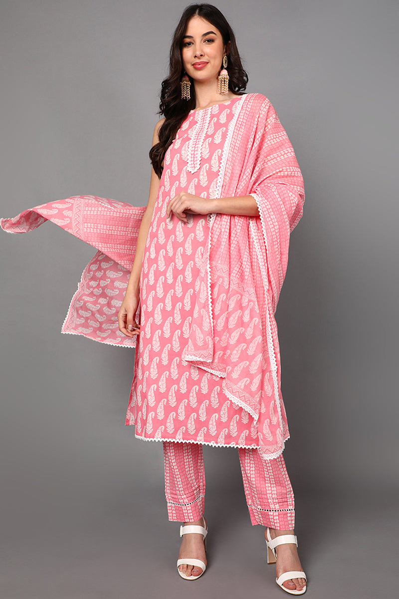 Pink Pure Cotton Straight Suit Set VKSKD1427
