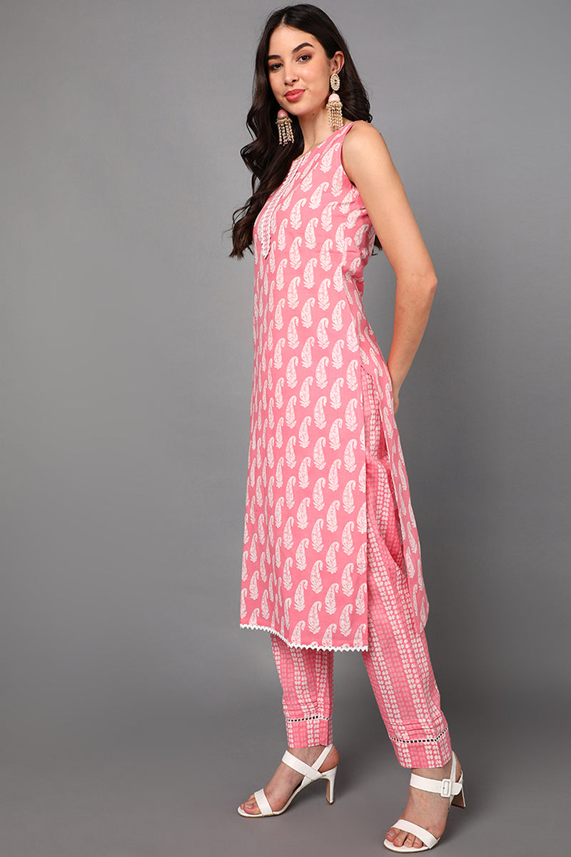 Pink Pure Cotton Straight Suit Set VKSKD1427