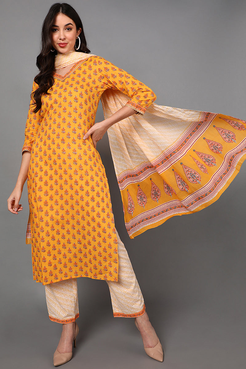 Yellow Pure Cotton Ethnic Motifs Straight Suit Set VKSKD1430