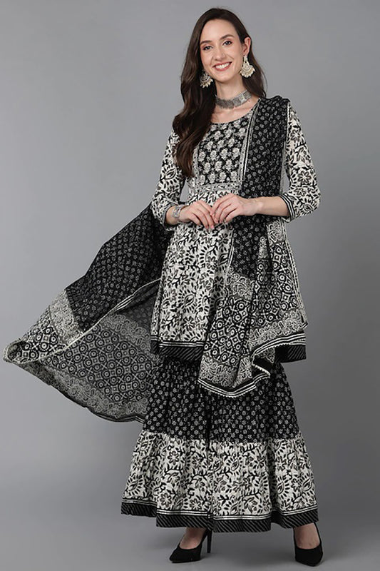 Black & White Pure Cotton Abstract Peplum Sharara Suit Set VKSKD1475
