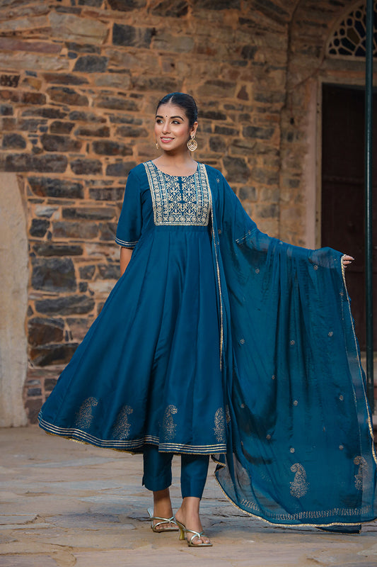 Teal Silk Blend Anarkali Suit Set VKSKD1480