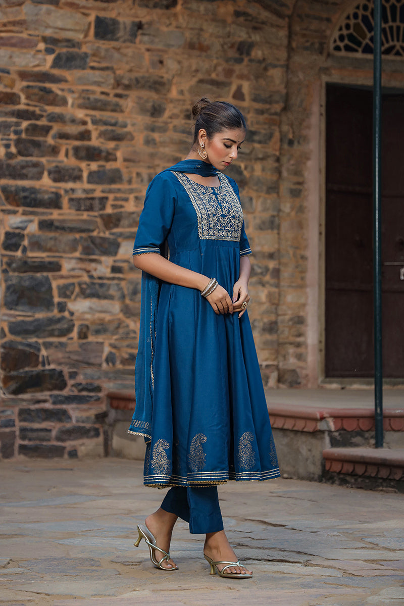 Teal Silk Blend Anarkali Suit Set VKSKD1480