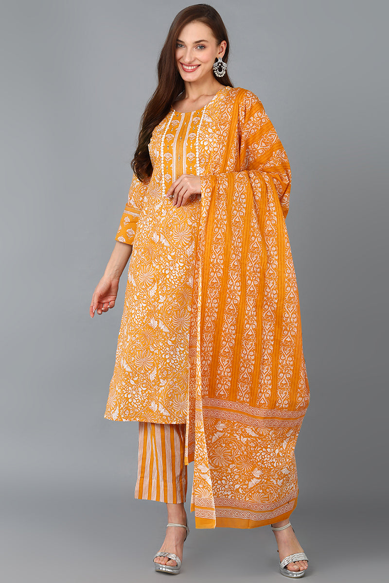 Mustard Pure Cotton Printed Kurta Trousers With Dupatta VKSKD1491