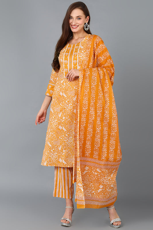 Mustard Pure Cotton Printed Kurta Trousers With Dupatta VKSKD1491