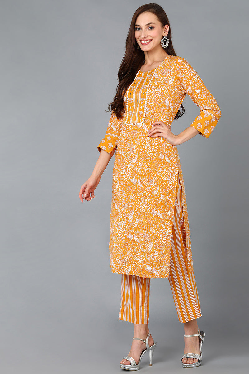 Mustard Pure Cotton Printed Kurta Trousers With Dupatta VKSKD1491