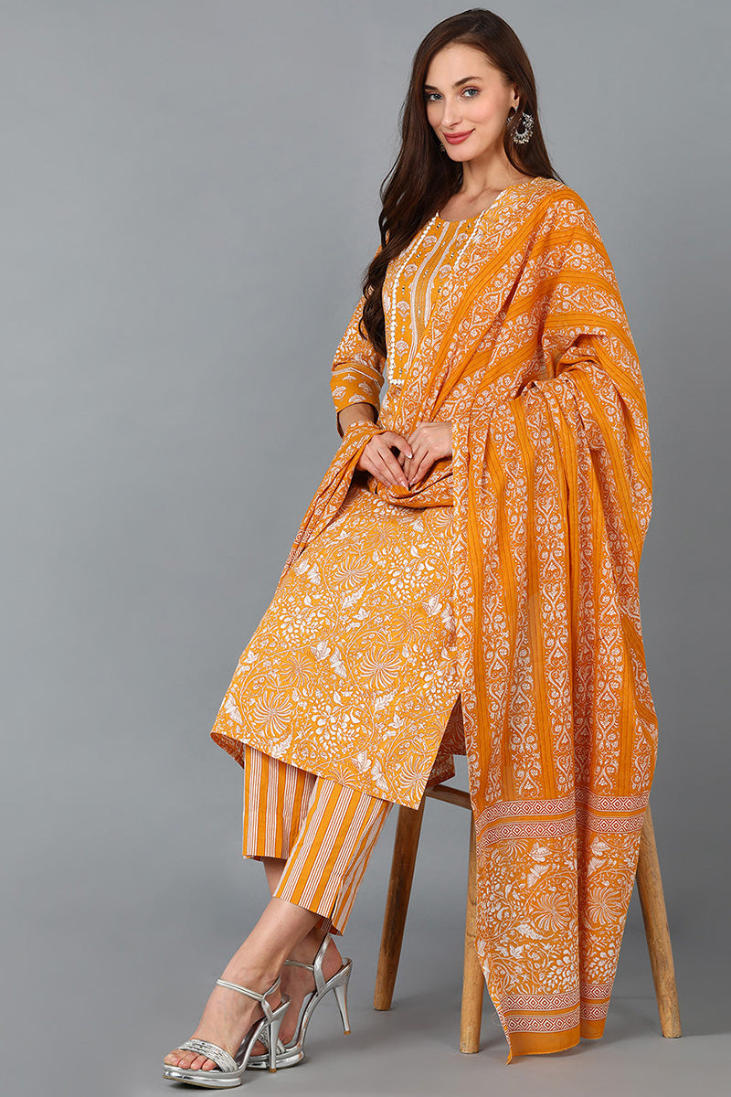 Mustard Pure Cotton Printed Kurta Trousers With Dupatta VKSKD1491