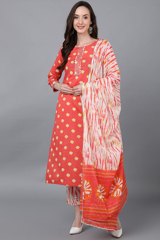 Orange Pure Cotton Bandhani Straight Suit Set VKSKD1572