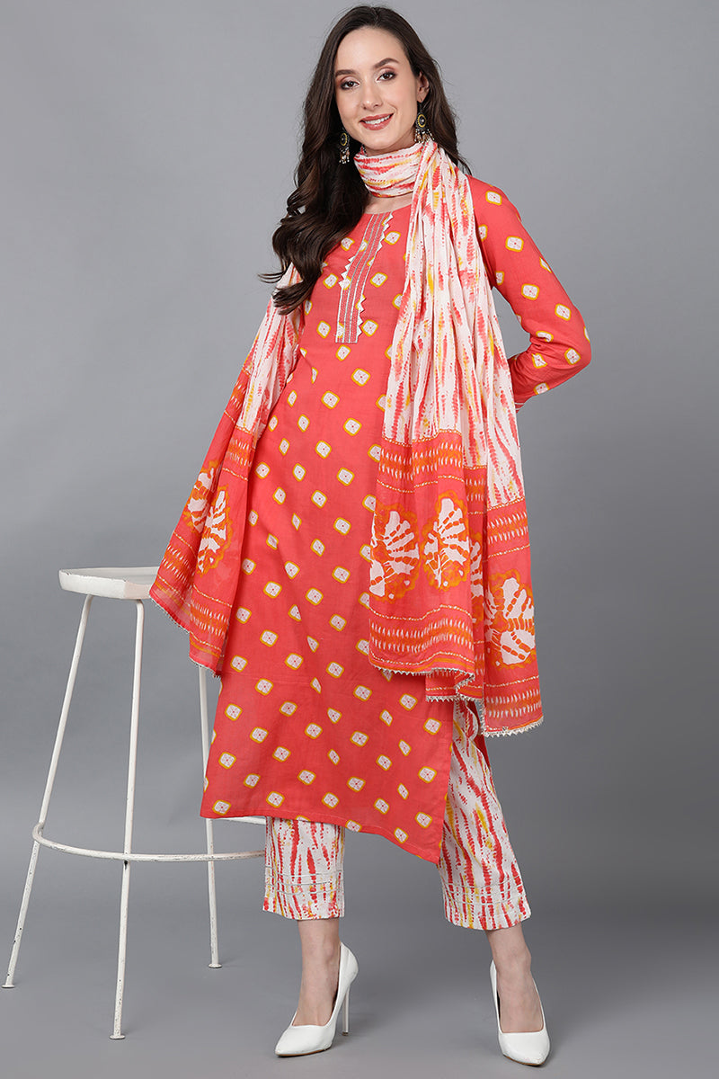 Orange Pure Cotton Bandhani Straight Suit Set VKSKD1572