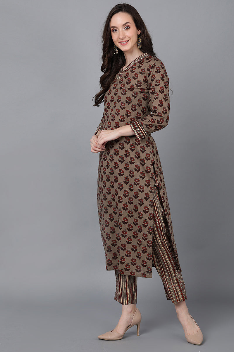 Brown Pure Cotton Floral Straight Suit Set VKSKD1580