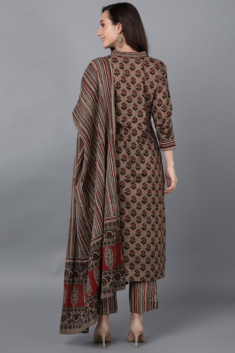 Brown Pure Cotton Floral Straight Suit Set VKSKD1580