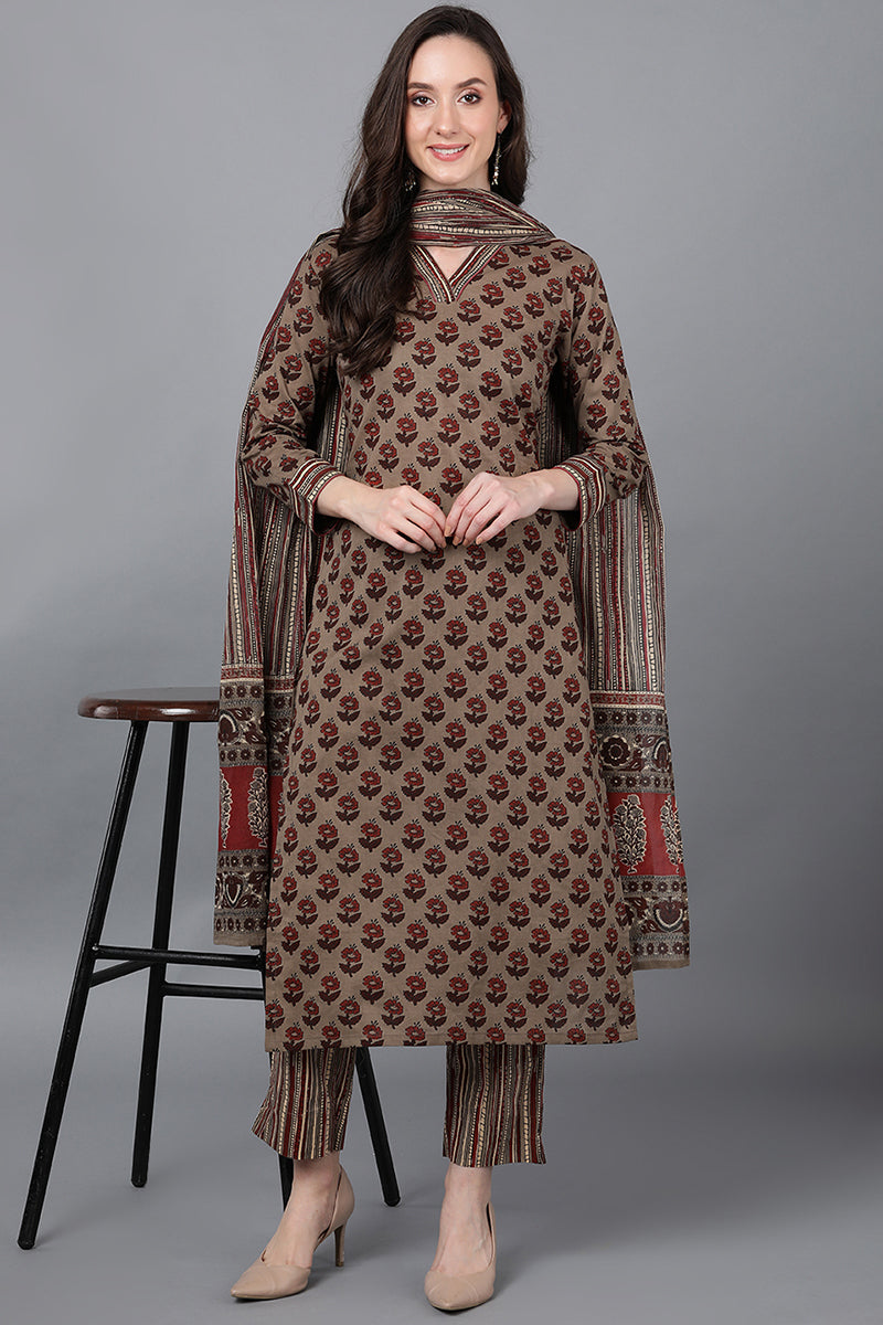 Brown Pure Cotton Floral Straight Suit Set VKSKD1580