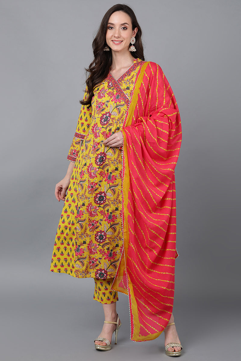 Yellow Pure Cotton Floral Anarkali Suit Set VKSKD1595