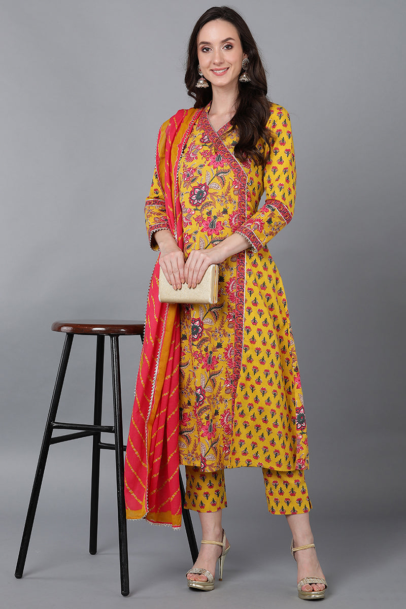 Yellow Pure Cotton Floral Anarkali Suit Set VKSKD1595