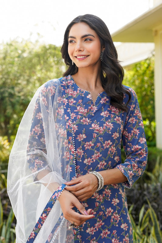 Blue Rayon Blend Floral Straight Suit Set VKSKD1601