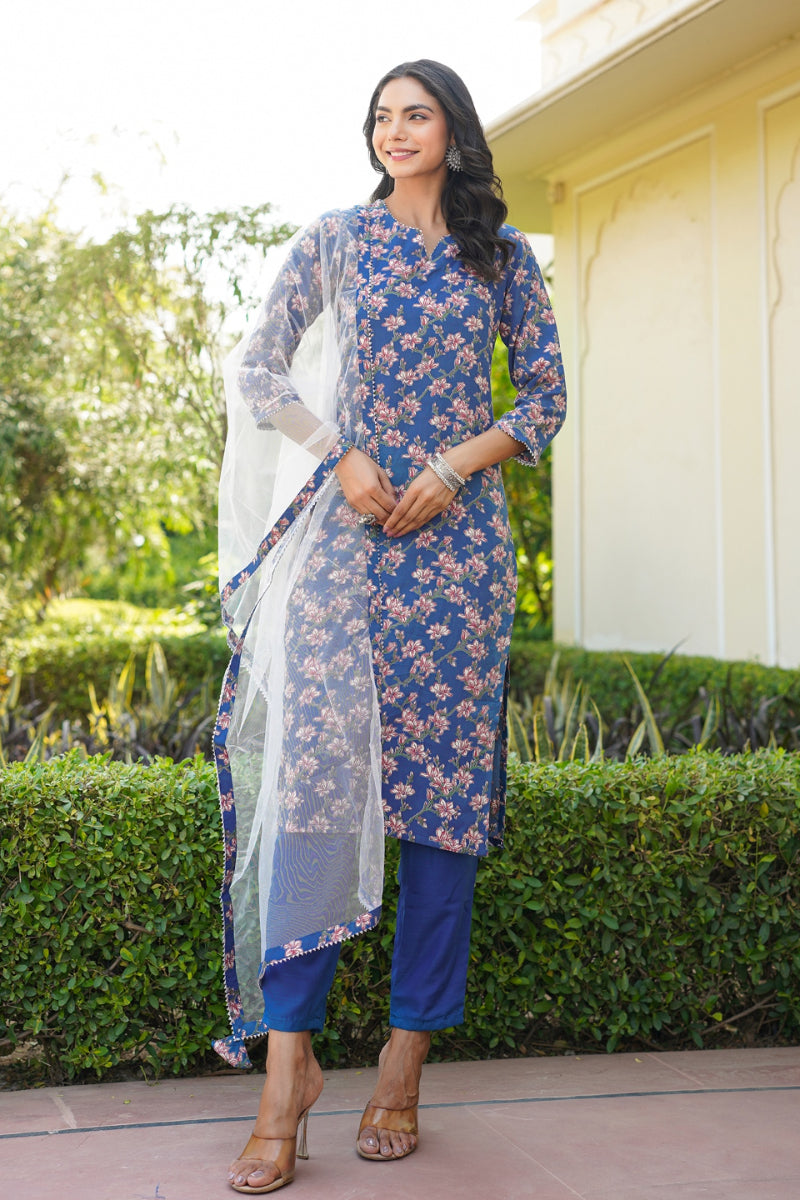 Blue Rayon Blend Floral Straight Suit Set VKSKD1601