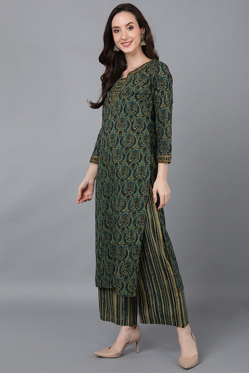 Green Pure Cotton Floral Straight Suit Set VKSKD1606