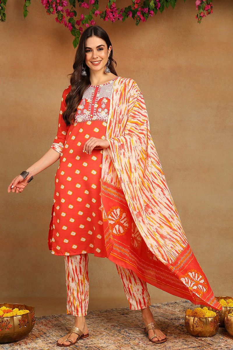 Orange Cotton Straight Kurta Pant With Dupatta VKSKD1627