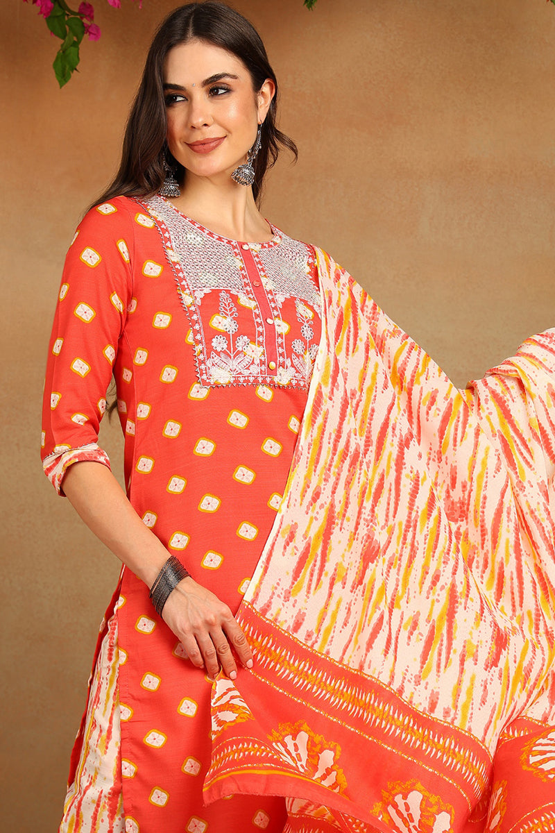 Orange Cotton Straight Kurta Pant With Dupatta VKSKD1627