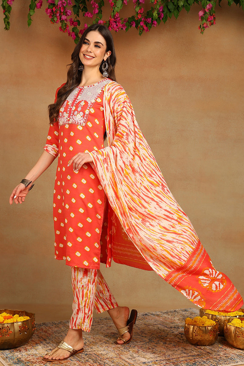 Orange Cotton Straight Kurta Pant With Dupatta VKSKD1627