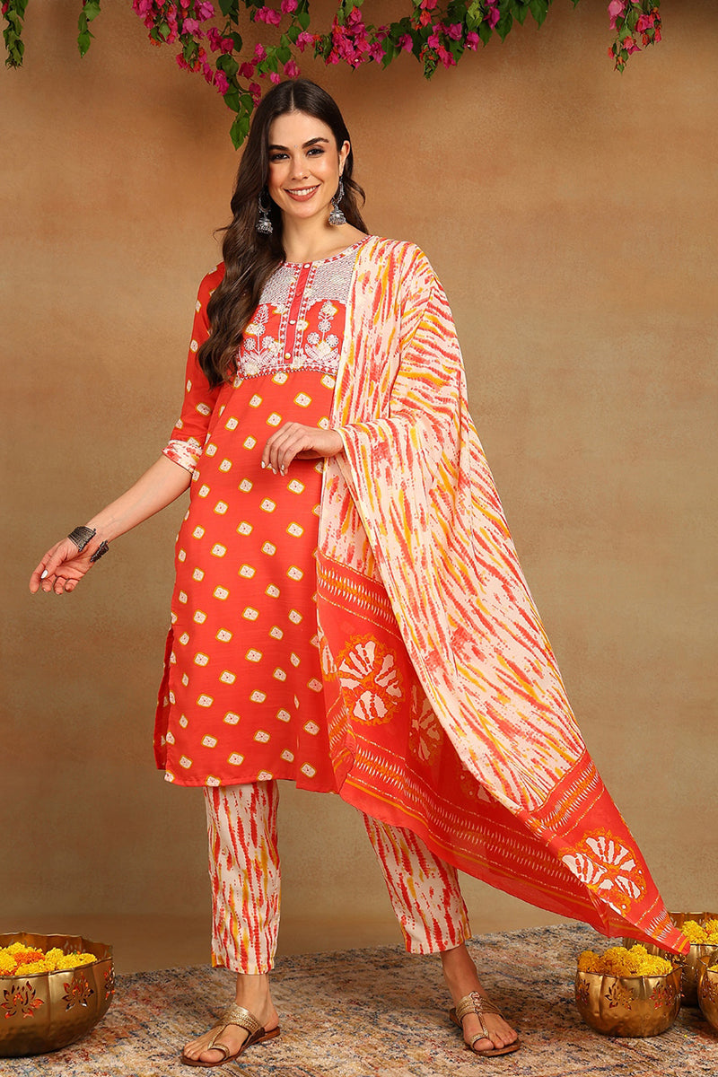 Orange Cotton Straight Kurta Pant With Dupatta VKSKD1627