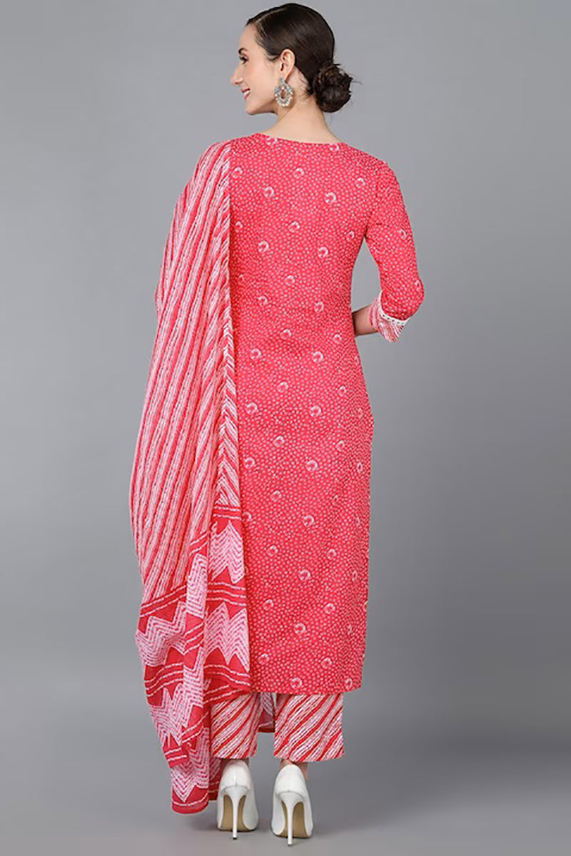 Pink Pure Cotton Bandhani Straight Suit Set VKSKD1636