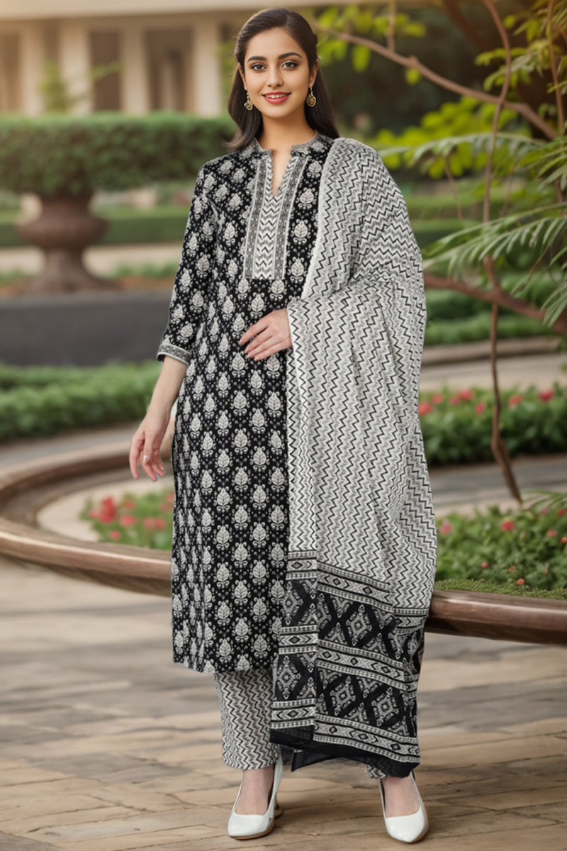 Black Rayon Blend Ethnic Motifs Straight Suit Set VKSKD1673