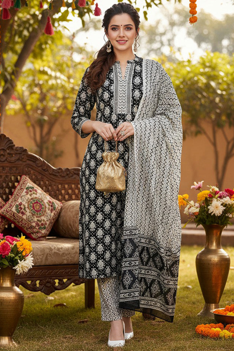Black Rayon Blend Ethnic Motifs Straight Suit Set VKSKD1673
