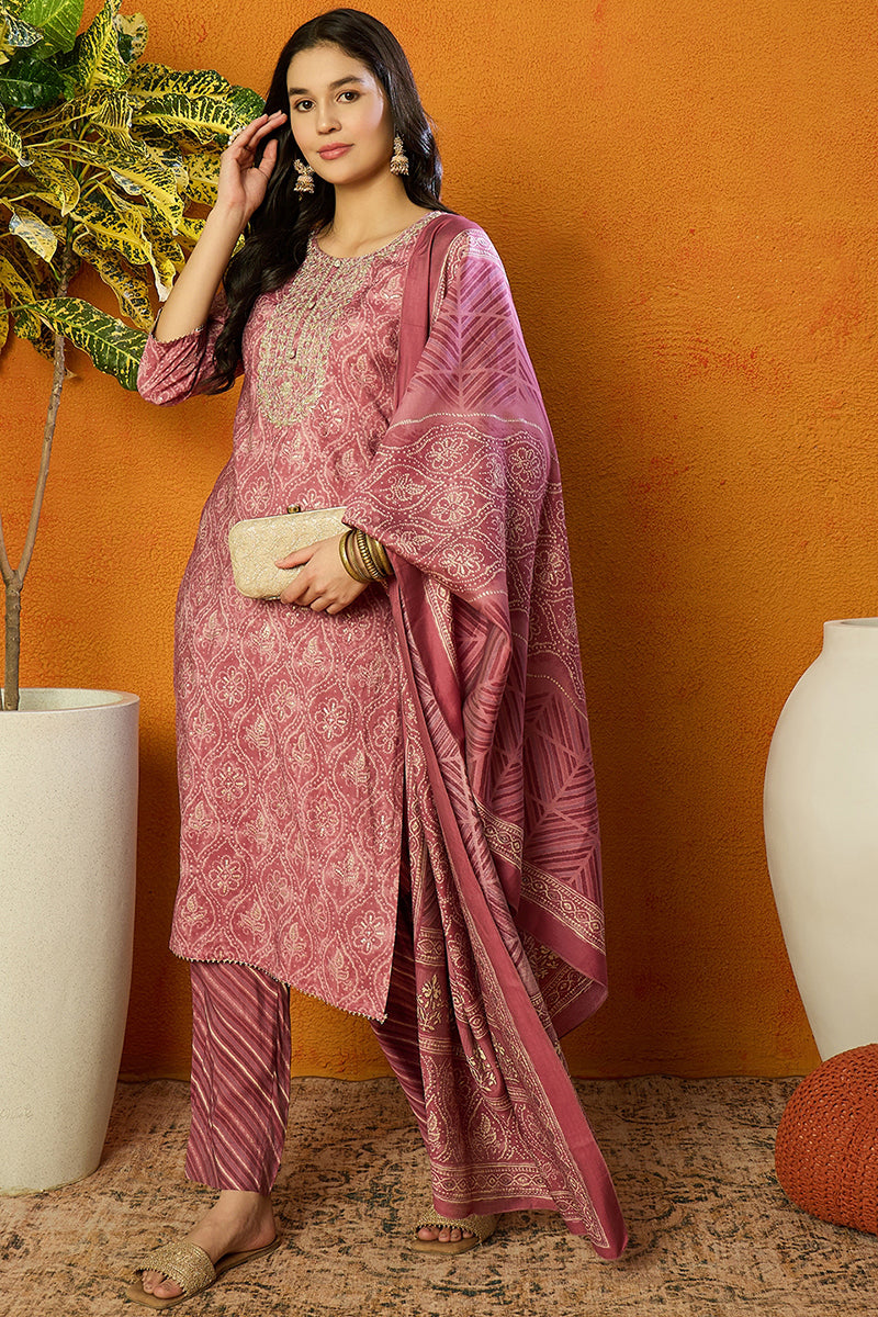 Pink Silk Blend Bandhani Print Embroidered Straight Suit Set VKSKD1682