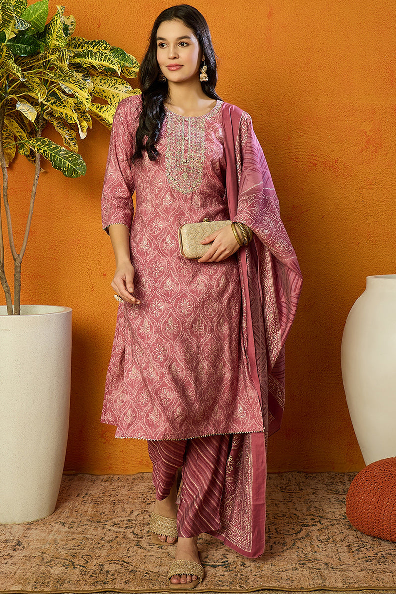 Pink Silk Blend Bandhani Print Embroidered Straight Suit Set VKSKD1682