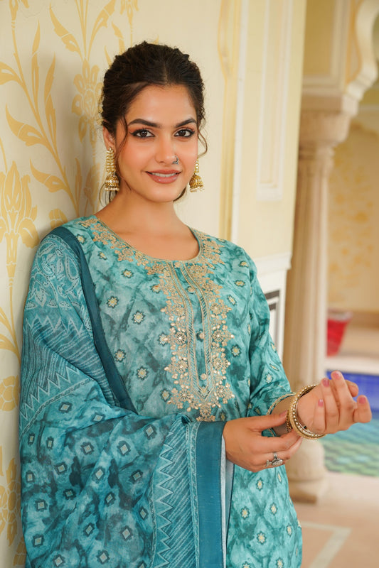 Sea Green Silk Blend Ombre Straight Kurta Trousers With Dupatta VKSKD1688