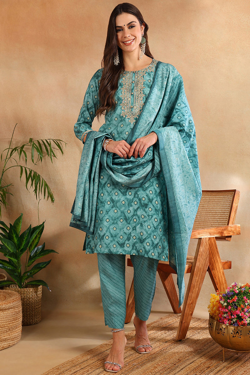 Sea Green Silk Blend Ombre Straight Kurta Trousers With Dupatta VKSKD1688