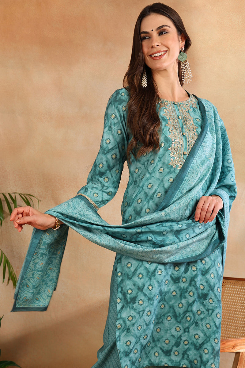 Sea Green Silk Blend Ombre Straight Kurta Trousers With Dupatta VKSKD1688