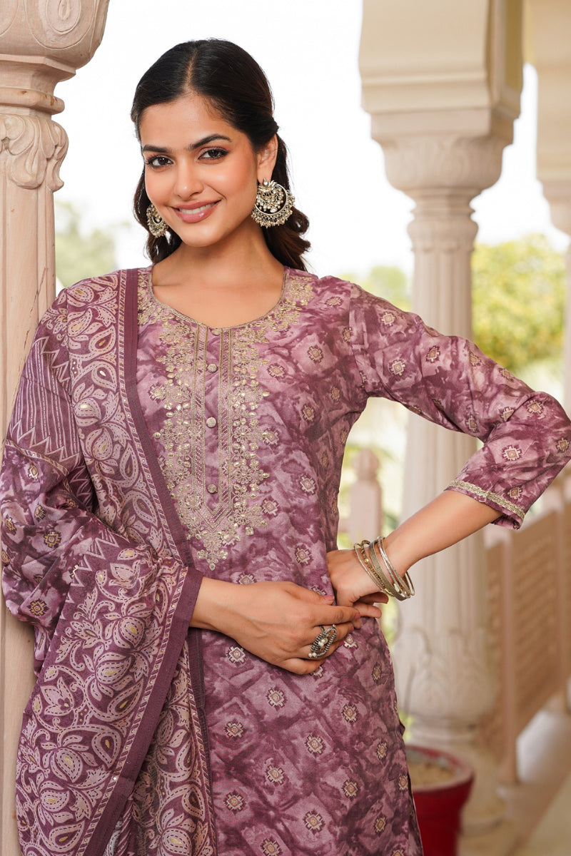 Mauve Silk Blend Ombre Straight Kurta Trousers With Dupatta VKSKD1690