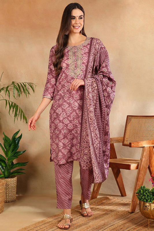 Mauve Silk Blend Ombre Straight Kurta Trousers With Dupatta VKSKD1690